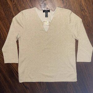 Cable & Gauge Gold Shimmer Sweater Metallic Silk Blend V-Neck Bar Detail Size XL